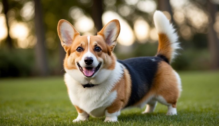 A happy Pembroke Welsh Corgi with a tri-color coat stands on grassy ground, facing the camera with ears perked up and tongue out, against a blurred background of trees.