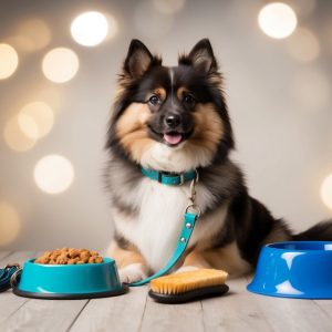 A fluffy Keeshond with a leash sits between two bowls, one filled with kibble. A brush, an essential item for Spitz care, is nearby on the wooden floor. The background features blurred warm lights.