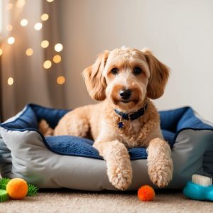 A dog enjoys daily comfort in a pet bed, surrounded by colorful toys, grooming brushes, and spray bottles, along with Schnoodle accessories in a warmly lit room.