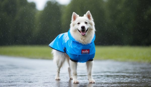 A white American Eskimo Dog wearing essential rain gear—a blue raincoat—stands on a wet path. It's raining lightly, and the background shows green trees.