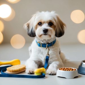 A small dog with brown and white fur sits on a table surrounded by must-have accessories: a blue leash, a brush, a yellow scoop, a bowl of dry food, and a water dish. Circular lights blur in the background, highlighting these essential care items for your furry friend.