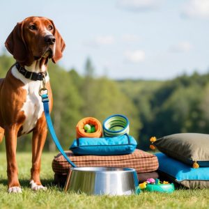 A Redbone Coonhound on a leash stands next to a metal bowl on the grass, surrounded by vibrant outdoor accessories like colorful cushions and toys. Trees tower under a clear sky, perfect for adventures.