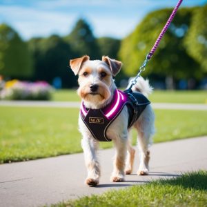 A small Biewer Terrier on a leash strolls along a park path, proudly wearing a harness with "MAX" text. Green grass and colorful flower beds provide a vibrant background under the clear blue sky.