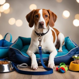 A Brittany dog lounges on a blue pet bed, surrounded by must-have accessories like collars, colorful bowls, toys, and a leash. The blurred lights in the background create a cozy atmosphere for active owners who want the best for their furry friends.