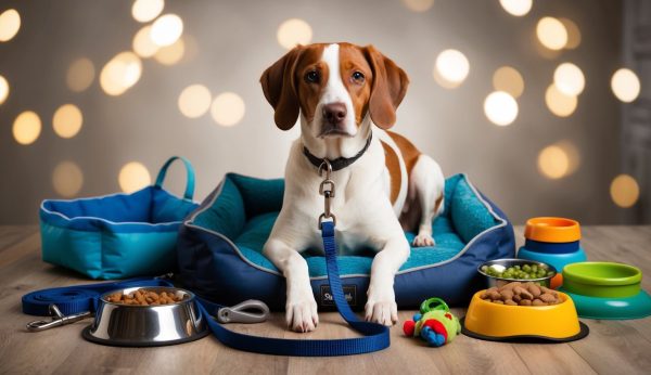 A Brittany dog lounges on a blue pet bed, surrounded by must-have accessories like collars, colorful bowls, toys, and a leash. The blurred lights in the background create a cozy atmosphere for active owners who want the best for their furry friends.