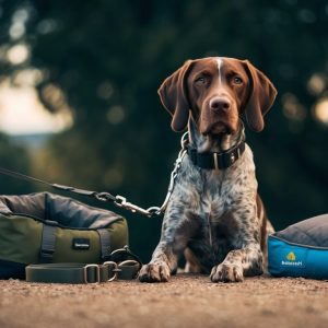A German Wirehaired Pointer with a must-have leash sits on the ground between two pet beds, outdoors with trees in the background.