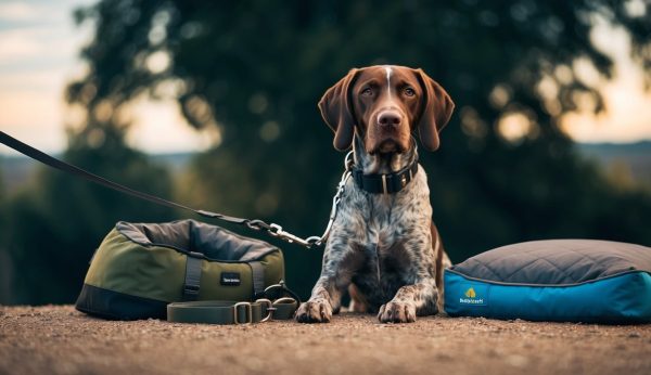 A German Wirehaired Pointer with a must-have leash sits on the ground between two pet beds, outdoors with trees in the background.