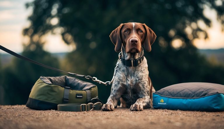 A German Wirehaired Pointer with a must-have leash sits on the ground between two pet beds, outdoors with trees in the background.