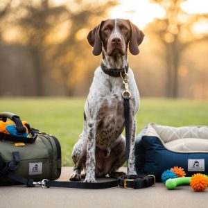 A German Wirehaired Pointer sits on a sidewalk next to a must-have pet bed, surrounded by accessories like a green bag with colorful chew toys. The backdrop features a grassy field and trees bathed in the warm glow of sunset.