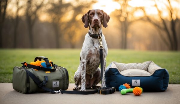 A German Wirehaired Pointer sits on a sidewalk next to a must-have pet bed, surrounded by accessories like a green bag with colorful chew toys. The backdrop features a grassy field and trees bathed in the warm glow of sunset.