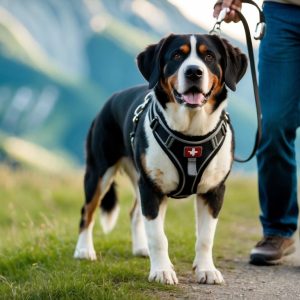 A large dog on a leash wearing a Swiss cross harness stands beside a person walking on a mountain path, showcasing the essential accessories for Greater Swiss Mountain Dogs.