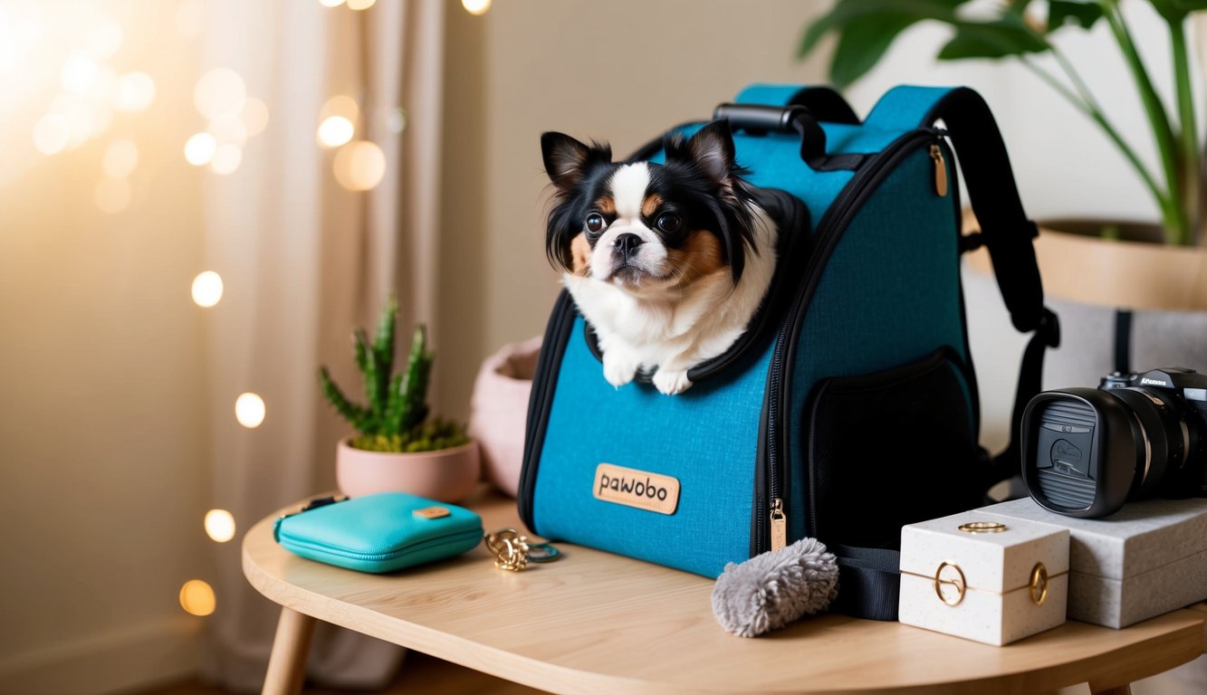 A small Shih Tzu peeks out from a blue pet carrier on a table, surrounded by various items including a camera, a small plant, and a green wallet.