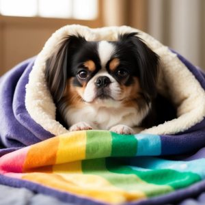 A curious Shih Tzu, wrapped in a rainbow blanket, peeks out with a playful expression as it rests on a bed near the window.