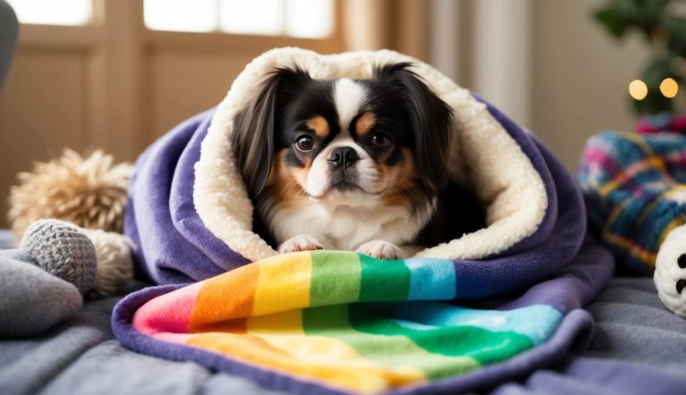 A curious Shih Tzu, wrapped in a rainbow blanket, peeks out with a playful expression as it rests on a bed near the window.