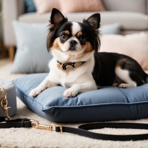 A small Japanese Chin, adorned with a gold-studded collar, sits on a blue cushion for ultimate comfort. Nearby on the beige carpet lies a gray pet bed and a black leash with a gold clasp, essential accessories. In the background, a cozy couch is adorned with pillows.