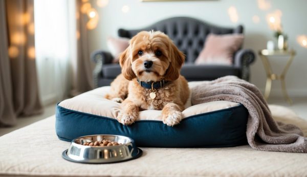 A small dog with curly fur lies in comfort on a cushioned bed with a blanket, surrounded by essential items. A bowl of kibble sits nearby, while Pomapoo accessories adorn the couch in the background.