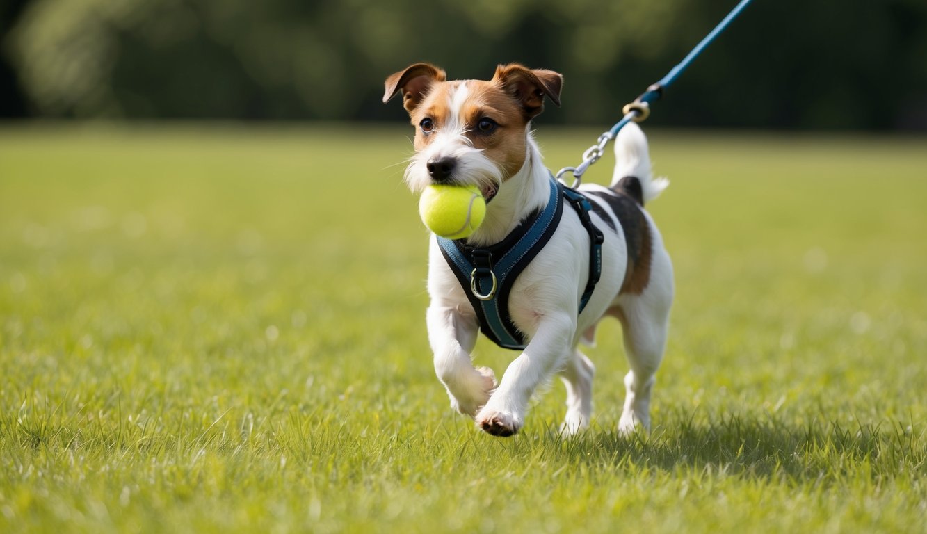 A small Fox Terrier on a leash runs across the grass with a tennis ball in its mouth.