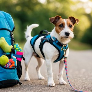 A lively Parson Russell Terrier in a blue harness stands on a path beside an essentials-packed blue backpack, with toys peeking from its pockets.