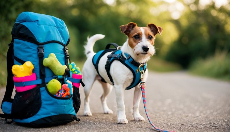 A lively Parson Russell Terrier in a blue harness stands on a path beside an essentials-packed blue backpack, with toys peeking from its pockets.