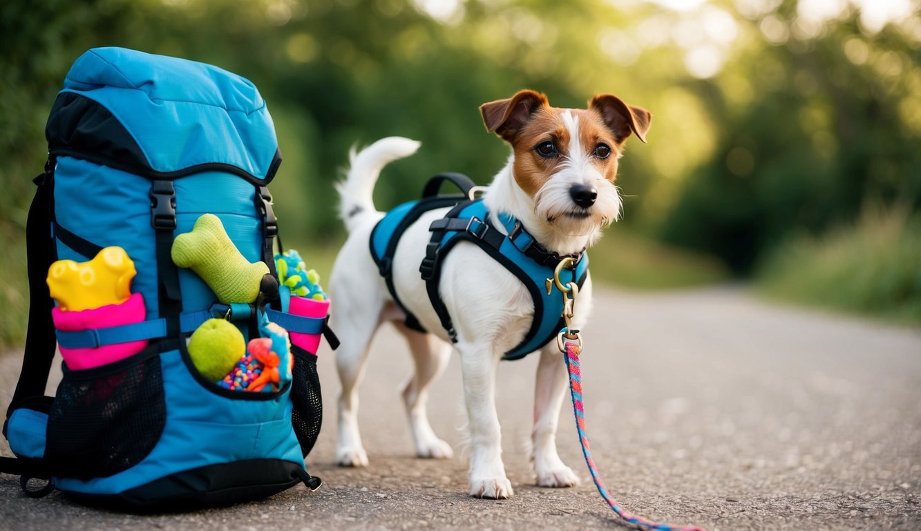A lively Parson Russell Terrier in a blue harness stands on a path beside an essentials-packed blue backpack, with toys peeking from its pockets.