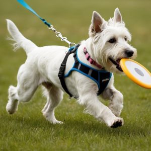 A West Highland White Terrier, geared up in a harness, dashes energetically across the grass with a frisbee clamped in its mouth, showcasing the lively spirit of active Westies.