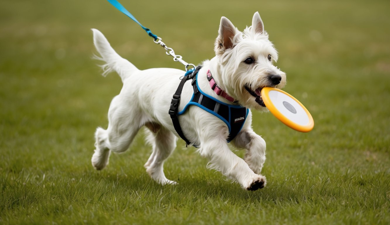A West Highland White Terrier, geared up in a harness, dashes energetically across the grass with a frisbee clamped in its mouth, showcasing the lively spirit of active Westies.