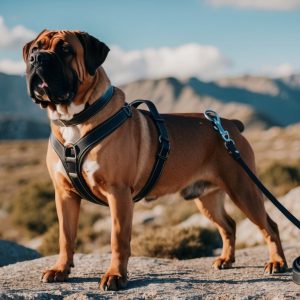 A large brown dog, possibly a Spanish Mastiff, stands on a rocky terrain, wearing durable equipment—a black harness and leash. Mountains loom in the background under a partly cloudy sky.