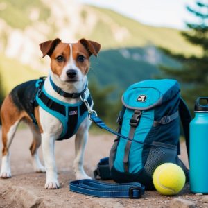 A Russell Terrier on a leash, wearing a harness, stands beside a blue backpack, yellow tennis ball, and blue water bottle. Set against a forested mountain backdrop, this active dog is ready for adventure with all the essential accessories by its side.