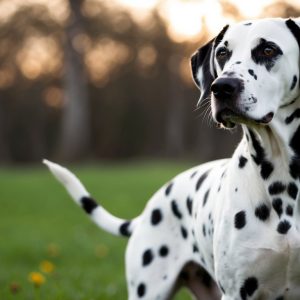 A Dalmatian, known for its unique traits among spotted breeds, stands gracefully on green grass with a blurred forest background.
