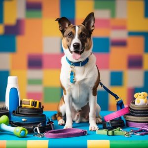 A mixed breed dog, brown and white, sits proudly on a table surrounded by an array of dog essentials. Leashes, toys, and grooming supplies are all within reach against a vibrant geometric background.