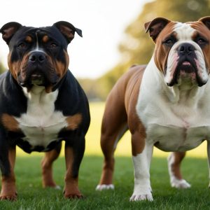 Two English Bulldogs stand proudly on the grass in a park, one with a black and tan coat and the other with brown and white. Both look directly at the camera, while lush trees form a serene backdrop.