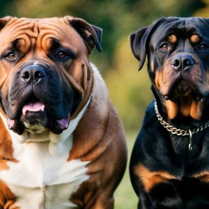 Two dogs sit side by side. One is a brown and white bulldog with a wrinkled face, and the other is a black and brown Rottweiler wearing a chain collar. Both, with the poise of guard dogs, look directly at the camera.