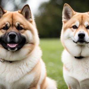 Two fluffy dogs, resembling American and Japanese Akitas with their distinct tan and white fur patterns, sit on the grass facing the camera. The blurred trees in the background provide a serene setting for this adorable duo.