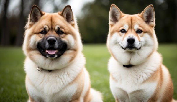 Two fluffy dogs, resembling American and Japanese Akitas with their distinct tan and white fur patterns, sit on the grass facing the camera. The blurred trees in the background provide a serene setting for this adorable duo.