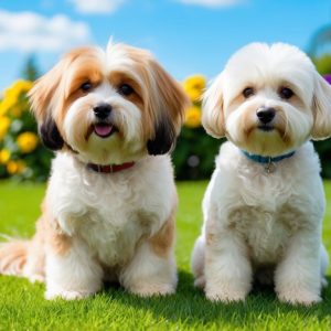 Two fluffy dogs, a Bichon Frise and a Havanese, sit on grass with colorful flowers in the background.