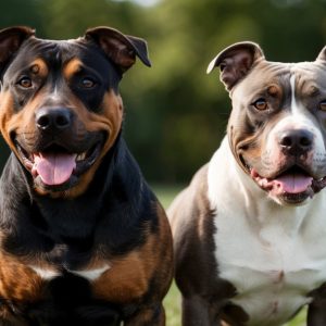 Two smiling dogs, a brown and black terrier and a gray and white Am Staff, sit on the grass with a blurred green background.