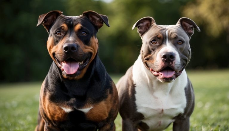 Two smiling dogs, a brown and black terrier and a gray and white Am Staff, sit on the grass with a blurred green background.