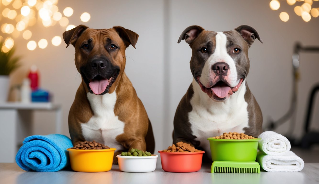 Two Am Staff terriers sit happily behind bowls of food and folded towels on a table. The background is softly lit with circular lights.