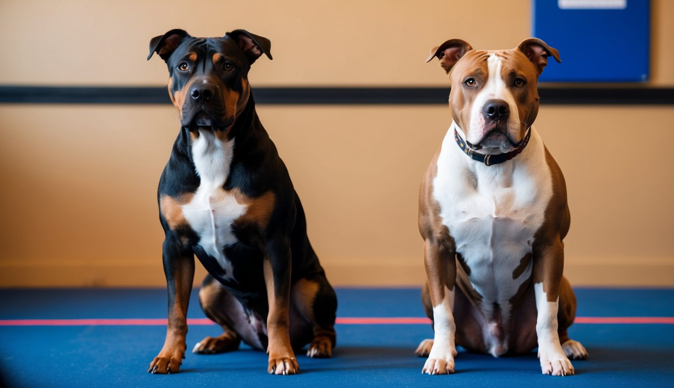 Two Terriers sit side by side on a blue floor with a red line, inside a room with beige walls.