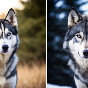 Two Siberian Huskies stand outdoors; the left is framed by a golden backdrop, while the right boasts a snowy background. The contrasting settings highlight their differences, accentuating their striking wolf-like beauty.