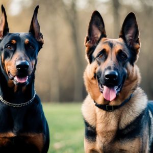 A Doberman and a German Shepherd, both renowned as excellent guard dogs, sit side by side on the grass, their alert expressions accentuated by tongues playfully out.