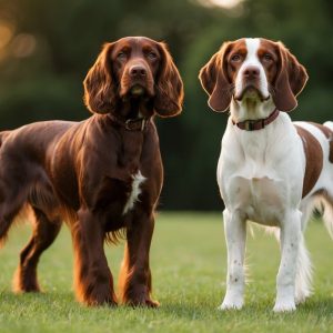 Two dogs stand on grass; one, reminiscent of a Red and White Setter with its striking brown and white pattern, shares the scene with another white dog adorned with brown patches. Trees provide a lush backdrop to this charming canine duo.