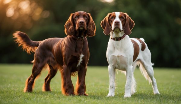 Two dogs stand on grass; one, reminiscent of a Red and White Setter with its striking brown and white pattern, shares the scene with another white dog adorned with brown patches. Trees provide a lush backdrop to this charming canine duo.