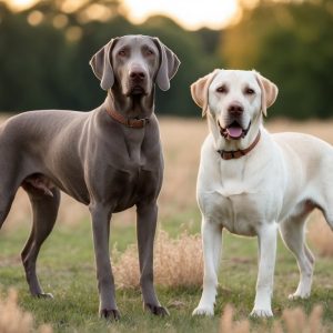 Two dogs, a gray Weimaraner and a yellow Labrador, stand on grass with dry plants in the background, embodying the perfect hunting companions.