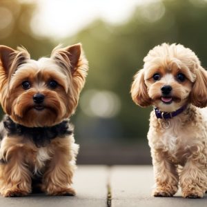 Two small dogs, a Toy Poodle with floppy ears and curly fur and a Yorkshire Terrier with pointy ears and straight fur, stand on a walkway outdoors. Trees are blurred in the background, beautifully highlighting this small dog breed comparison.