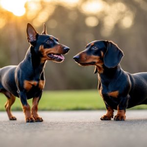 Two dachshunds with black and tan coats stand on a paved path, looking at each other like playful miniature pinschers, with a blurred background of trees at sunset.