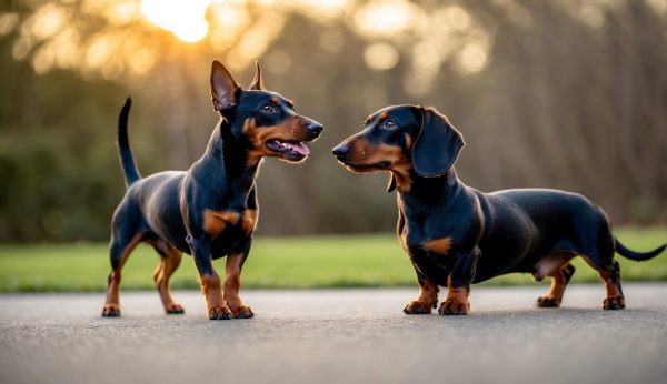 Two dachshunds with black and tan coats stand on a paved path, looking at each other like playful miniature pinschers, with a blurred background of trees at sunset.