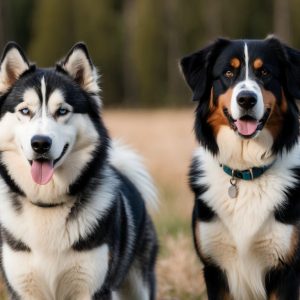 Two dogs sit side by side in a field. One is a Siberian Husky with blue eyes, and the other is a Bernese Mountain Dog. Both have their tongues out and are facing the camera, highlighting the key differences in their fur patterns and size.