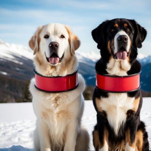 Two Saint Bernard dogs with rescue barrels around their necks sit on the snow, framed by majestic mountains and clear blue skies, embodying the spirit of giant rescuers.