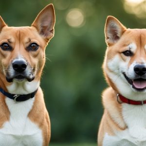 Two dogs with tan and white fur and pointed ears are sitting outdoors. The left dog displays a neutral expression, while the right one is smiling. These unique breeds might just be Shiba Inu or Basenji, known for their distinctive looks and charming personalities.